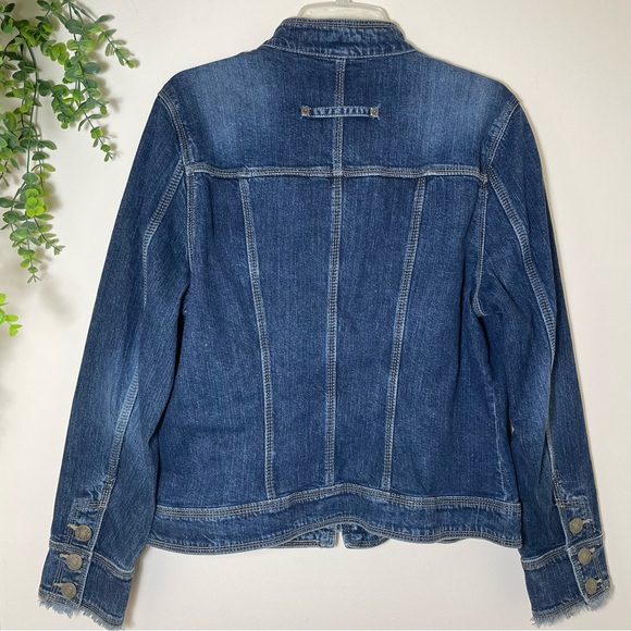 😎Y2K KIKIT JEANS Blue Jeans Jacket Pockets Fitted Raw Edge Frayed Moto Size XL - Picture 3 of 13